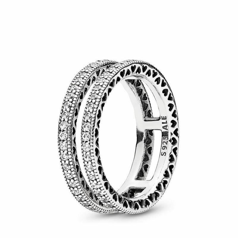 Pandora Double Hearts Stackable Ring Ireland - Sterling Silver/Cubic Zirconia - 983261KWH